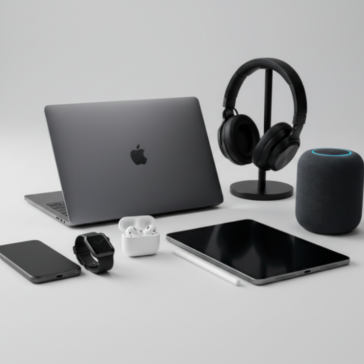 Modern tech setup with laptop, tablet, phone, and headphones on a dark surface.